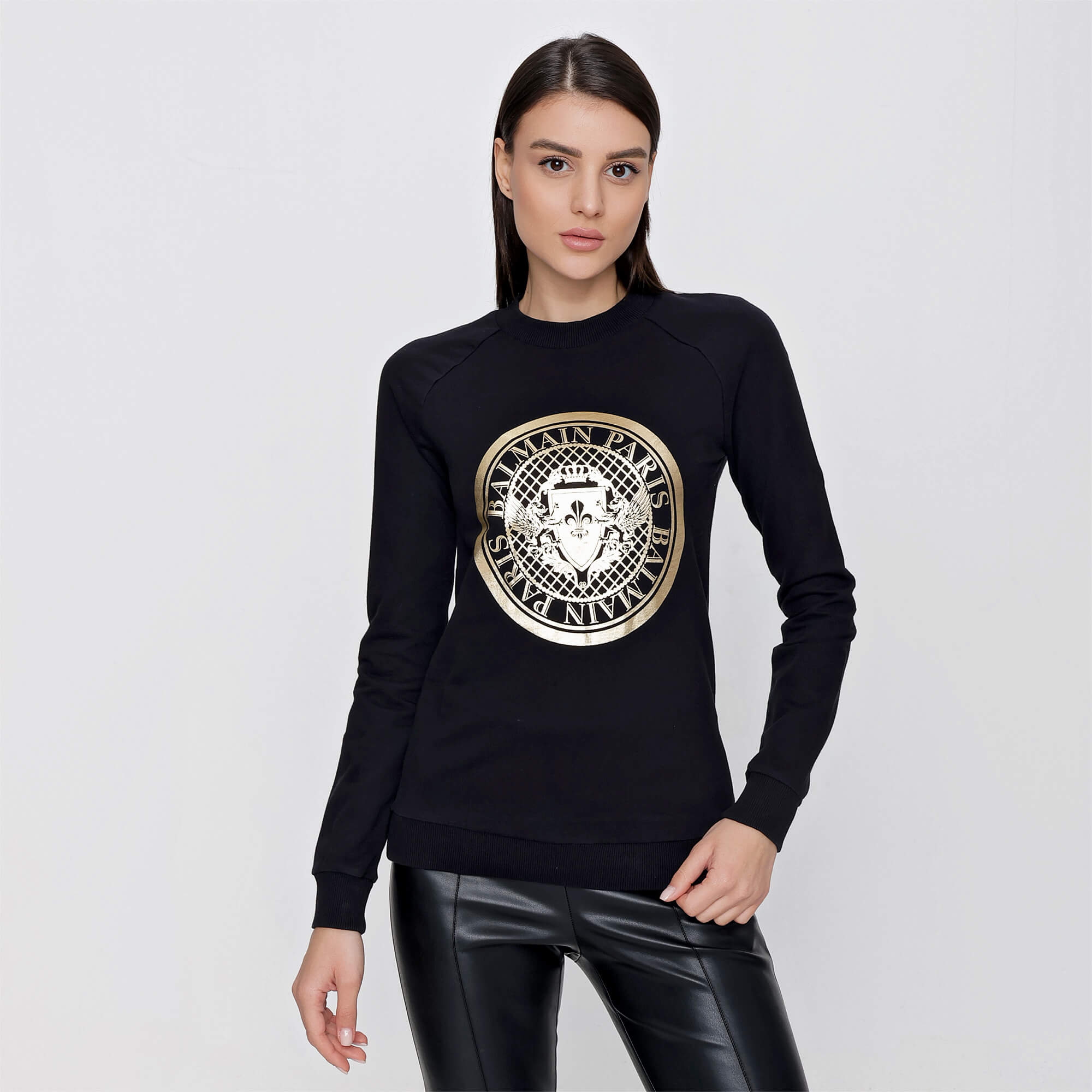 Balmain - Black Cotton Gold Tone Logo Print With Sweatshirt